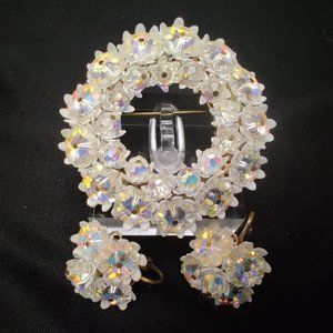 Vtg Soft Plastic AB Rhinestone Brooch & Earrings